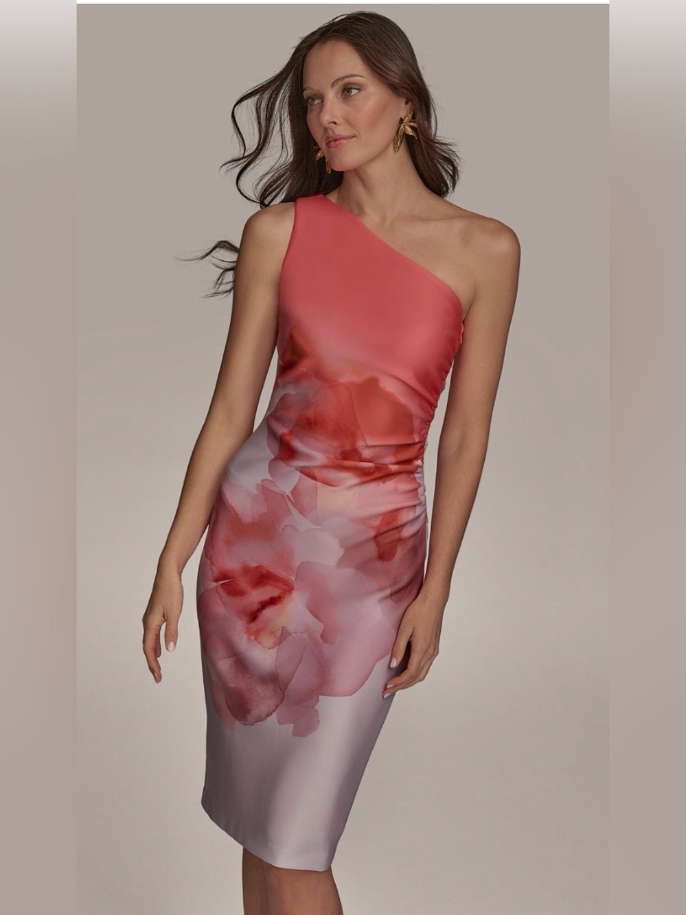 Donna Karan Floral One shoulder Midi Dress Cream and Coral Peach — NWT! Size 10 - Picture 2 of 6